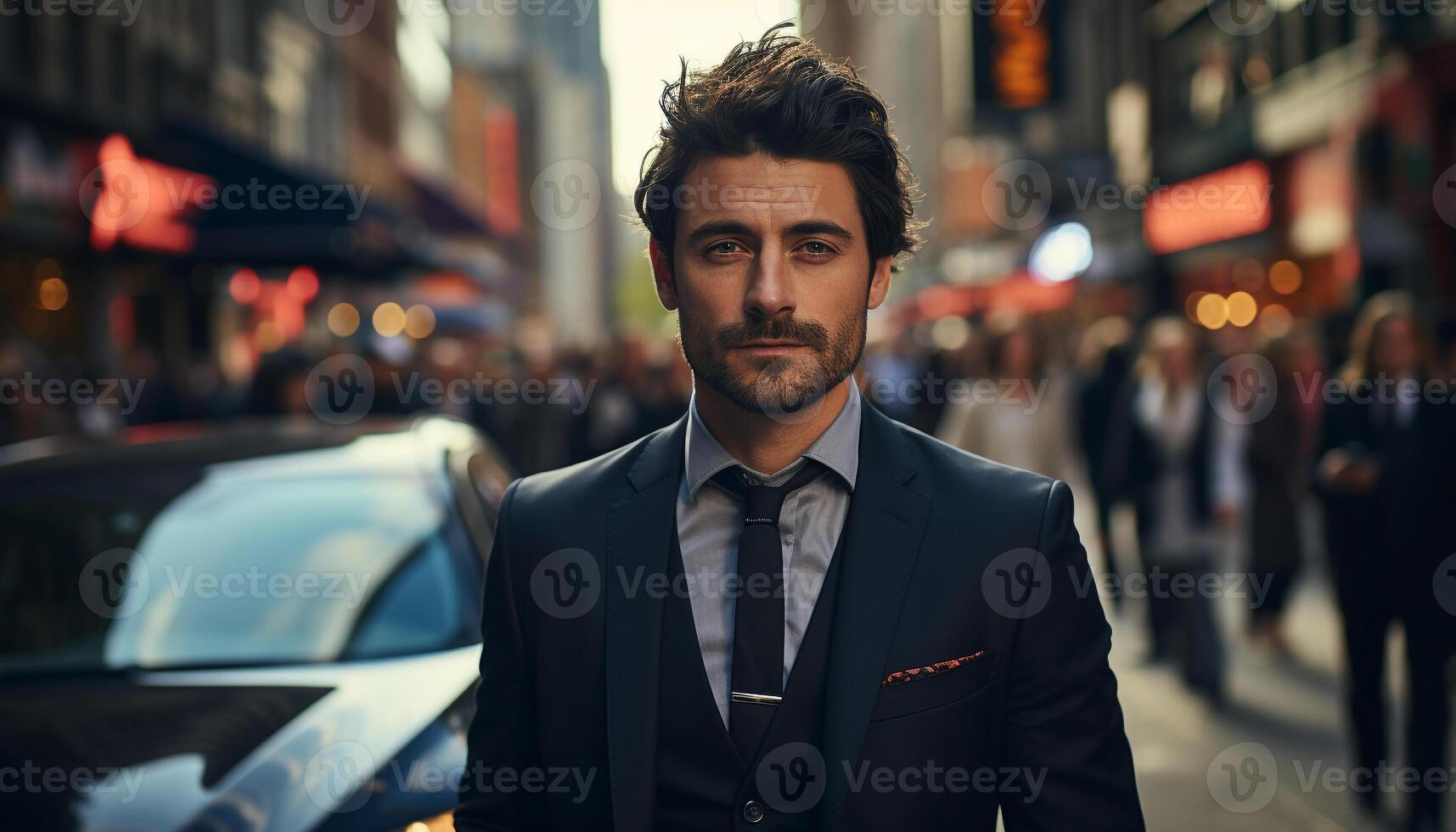AI generated Confident businessman in suit, looking at camera outdoors generated by AI photo