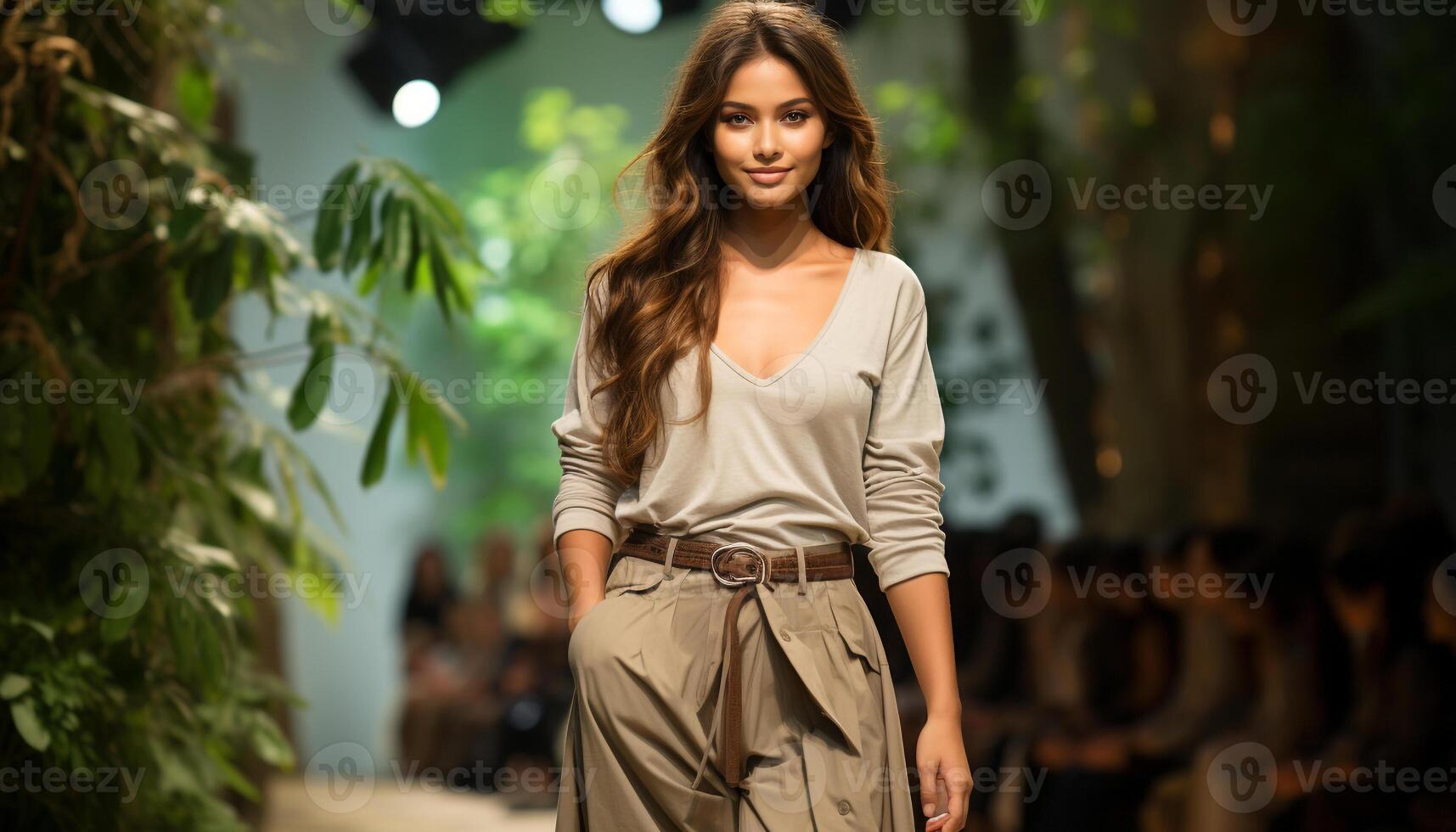 AI generated Young woman walking in nature, exuding confidence and elegance generated by AI photo