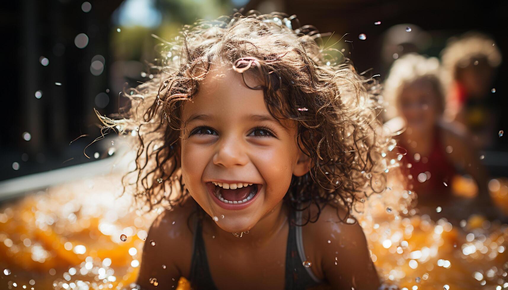AI generated Smiling child enjoying wet summer fun outdoors generated by AI photo