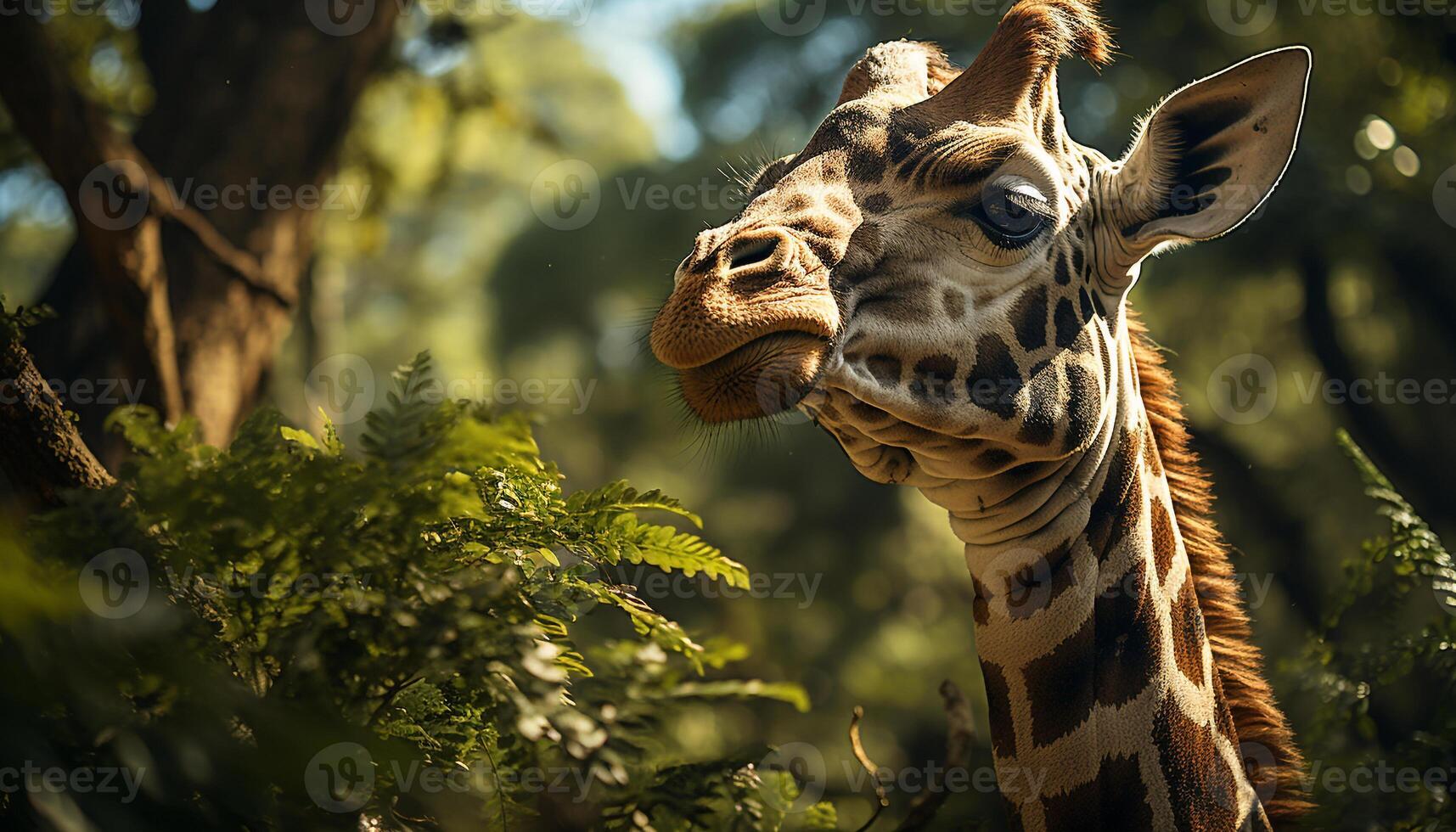AI generated Giraffe in the wild, looking at camera generated by AI photo