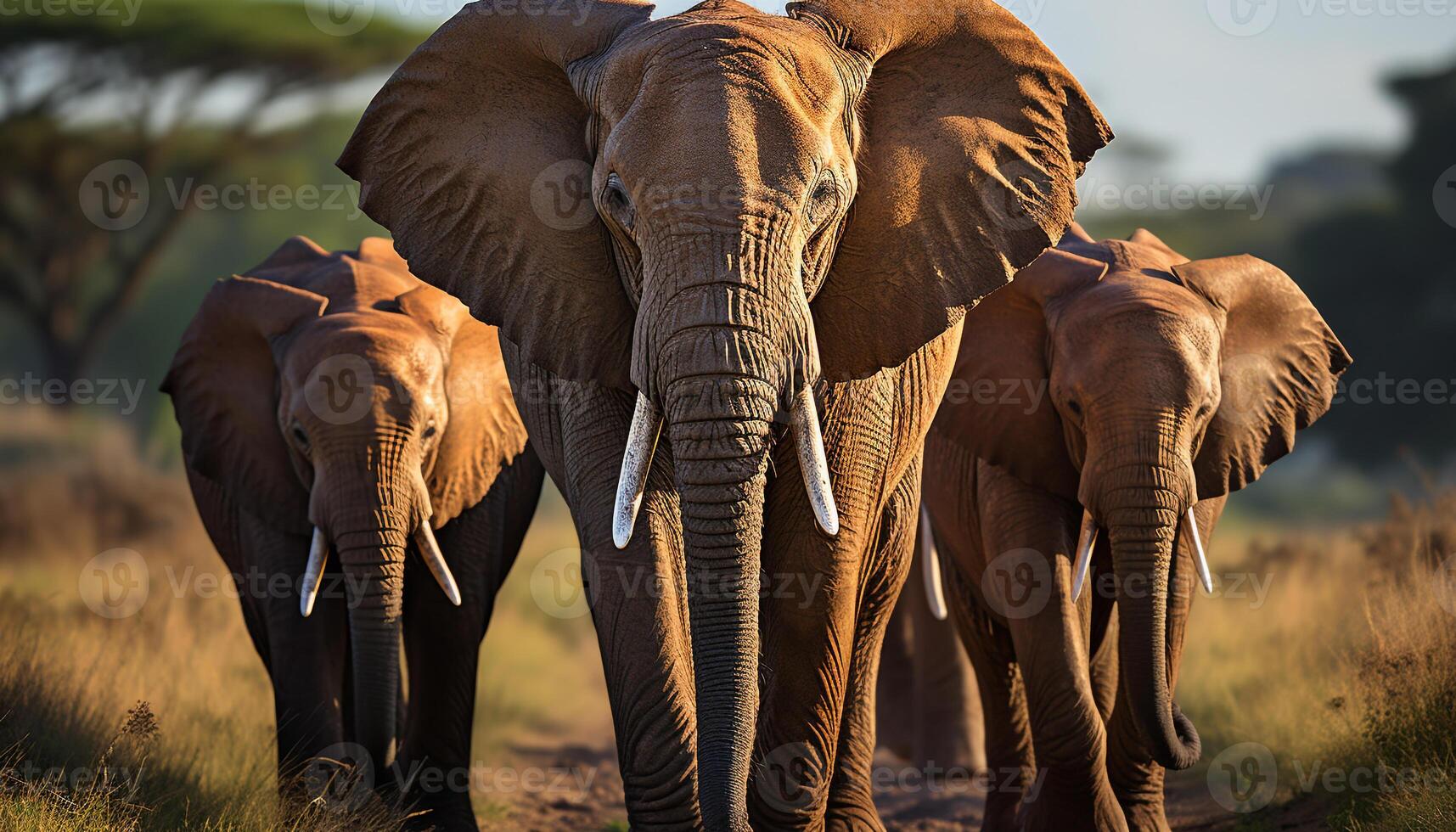 AI generated African elephant walking in the wilderness, looking at camera generated by AI photo