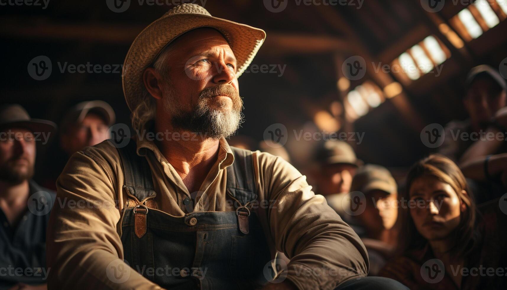 ai generado sonriente hombres sentado al aire libre, trabajando en un granja generado por ai foto