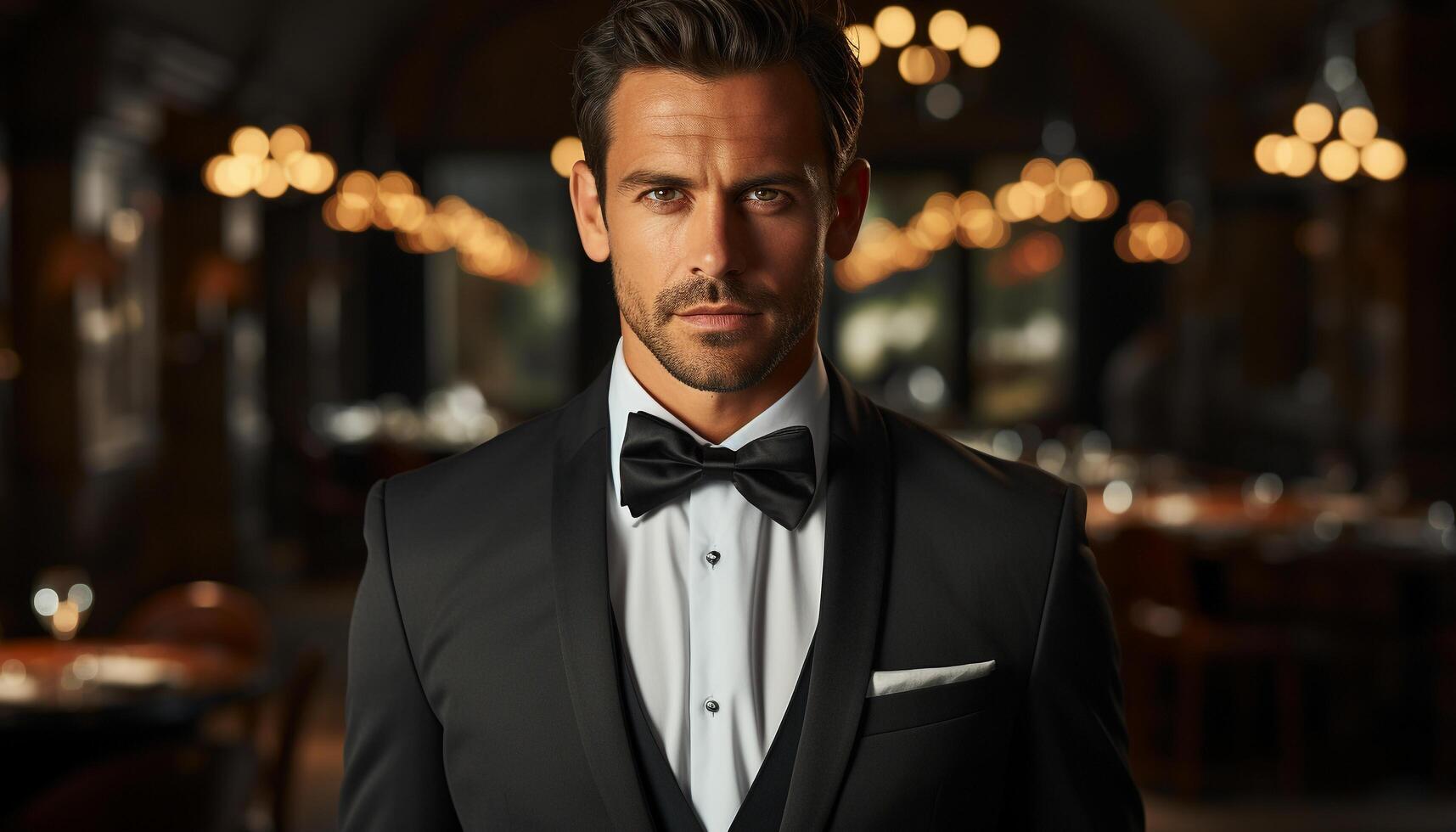 AI generated Confident businessman in suit, looking at camera, indoors generated by AI photo