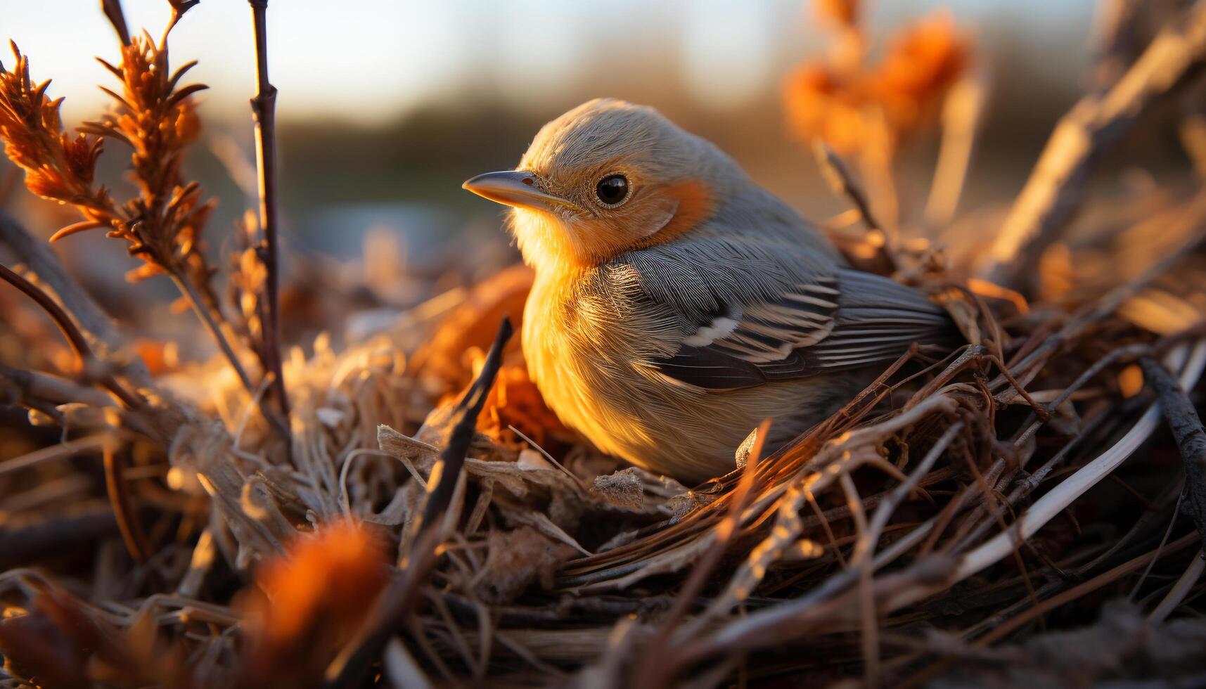 AI generated Cute bird perching on branch, looking at sunset generated by AI photo