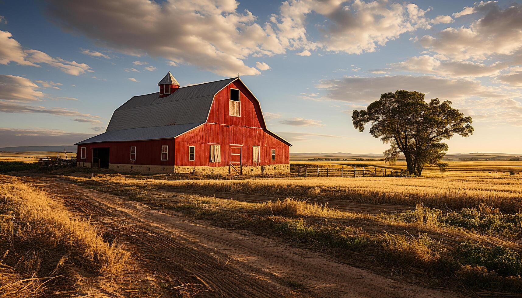 AI generated Rustic farmhouse in tranquil meadow at sunset generated by AI photo