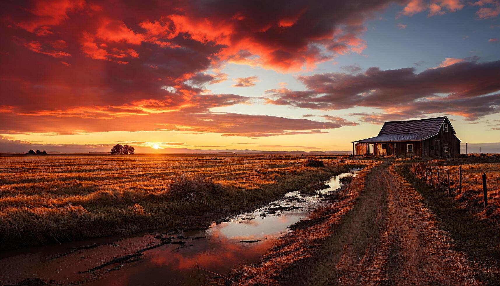 AI generated Sunset over rural landscape, nature beauty in meadow generated by AI photo