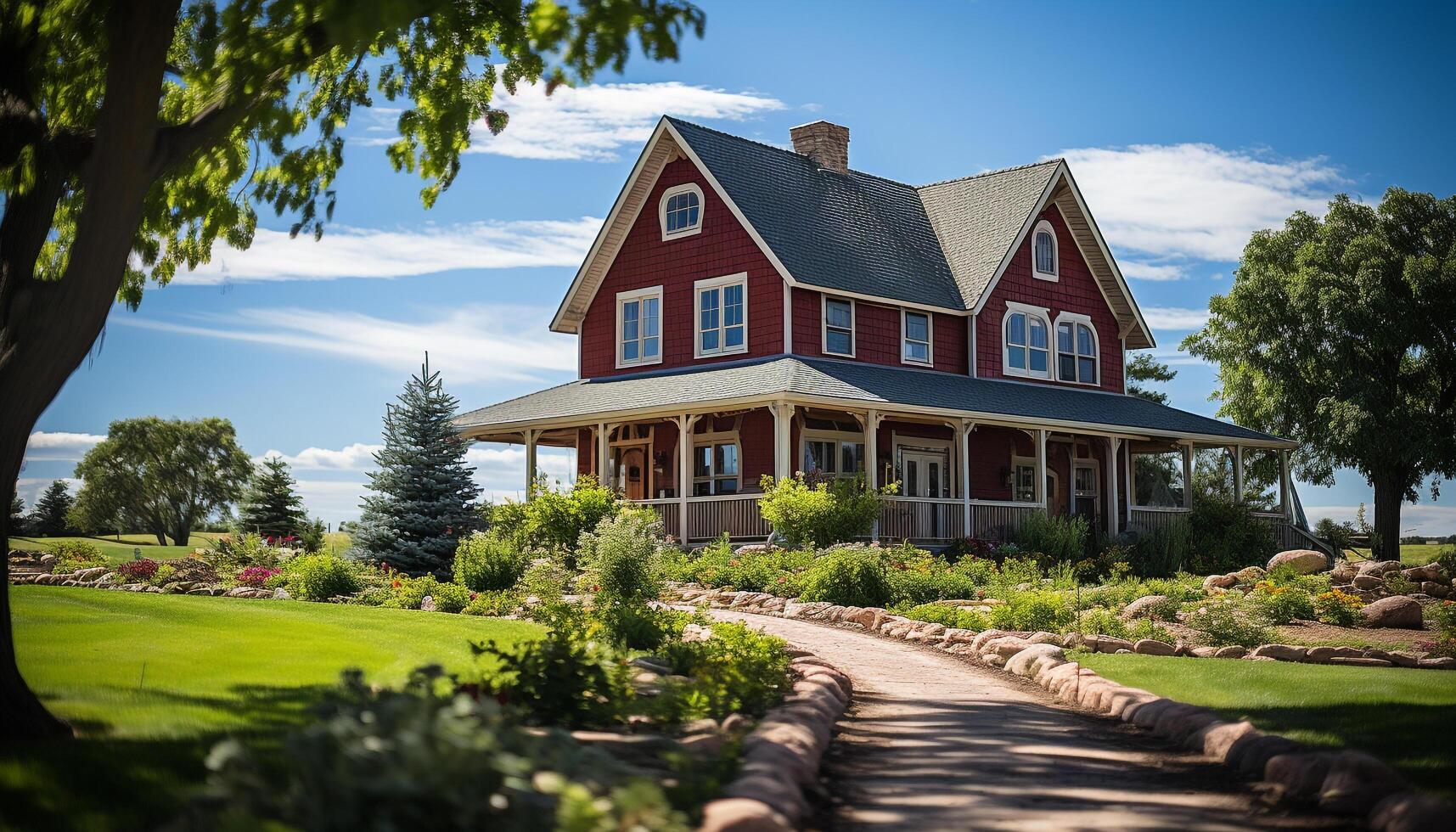 AI generated Luxury home surrounded by green grass and trees generated by AI photo