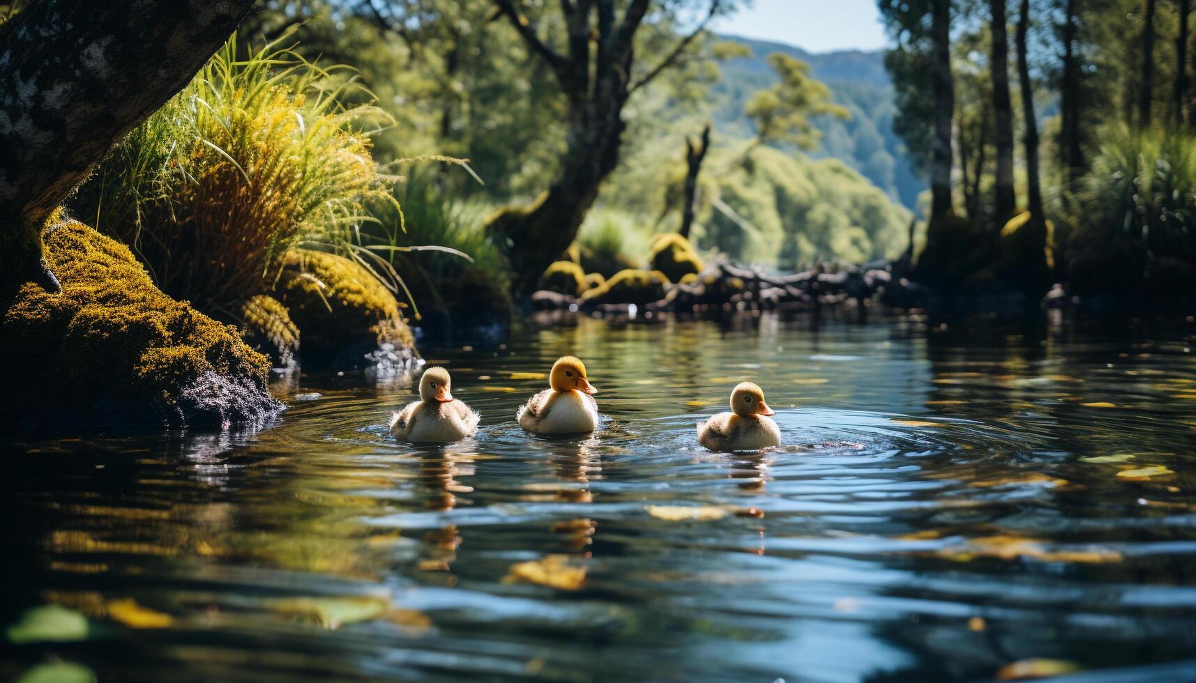 AI generated Duck family swimming in tranquil pond, surrounded by nature generated by AI photo