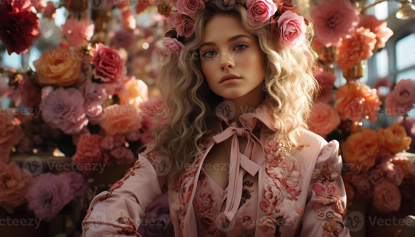 AI generated Young woman with blond hair and flower bouquet generated by AI photo