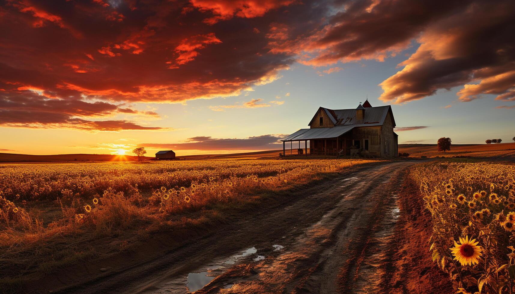 AI generated Tranquil sunset over rural farm, nature beauty generated by AI photo