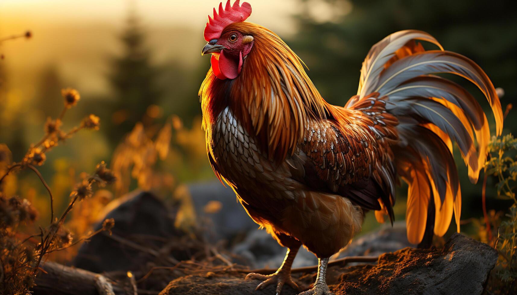 AI generated Majestic rooster standing in the sunlit meadow generated by AI photo