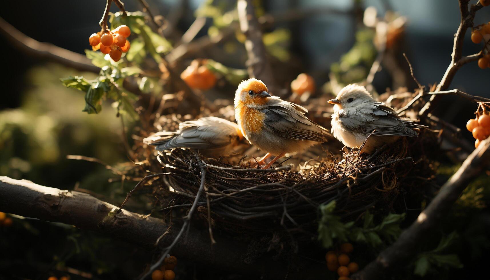 AI generated Young bird perching on branch, looking at nest generated by AI photo