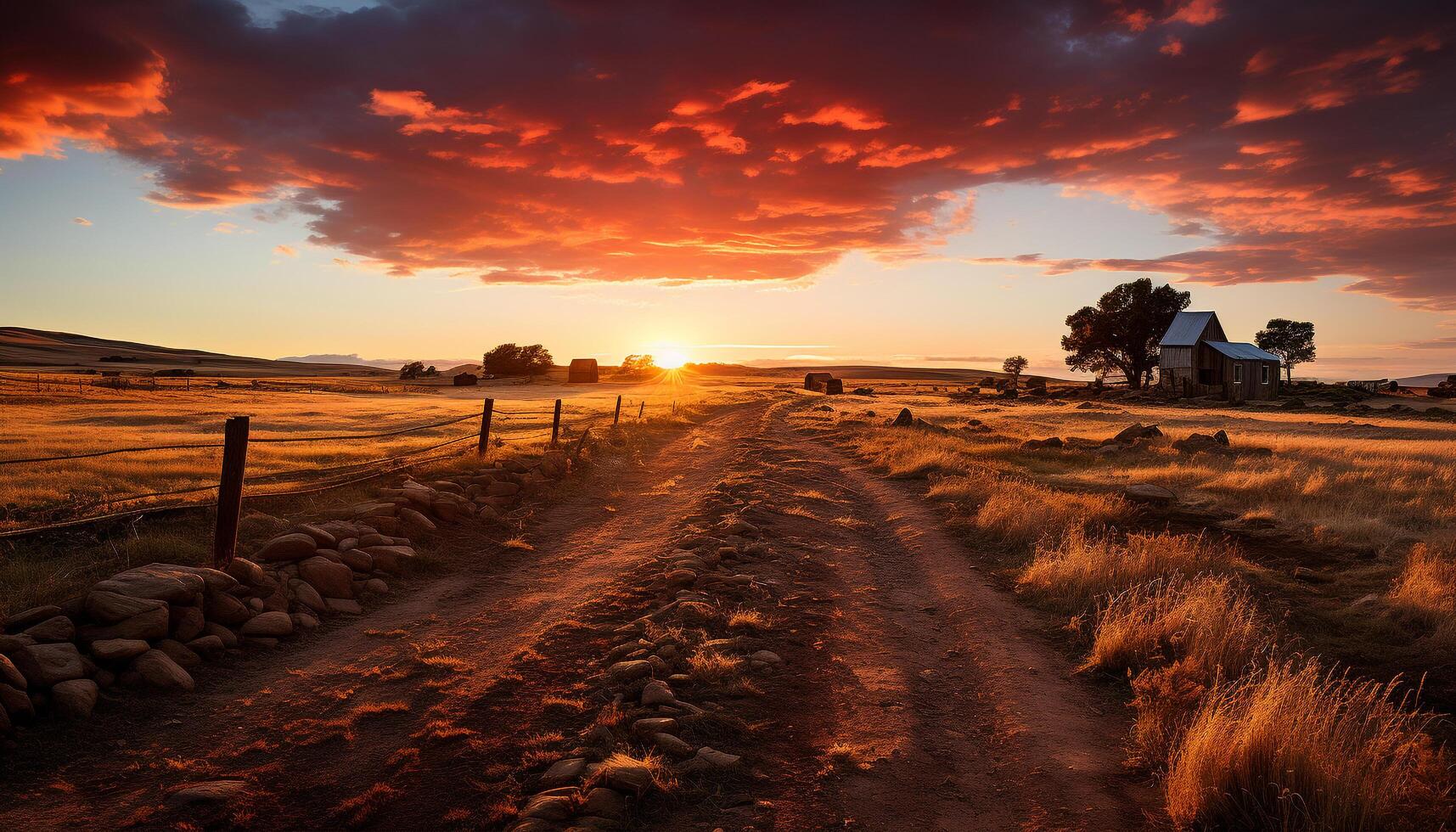 ai generado puesta de sol terminado rural granja, naturaleza belleza en prado generado por ai foto