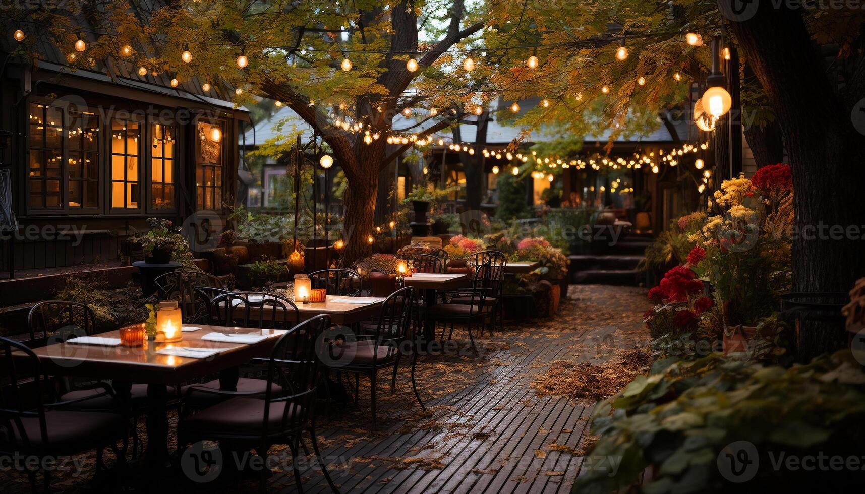 AI generated Comfortable chair illuminated by lanterns in a rustic outdoor setting generated by AI photo