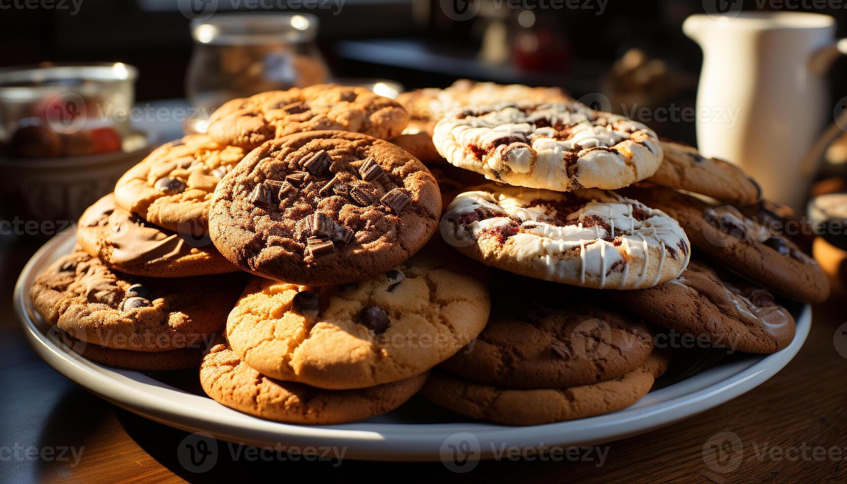 AI generated Freshly baked homemade chocolate chip cookies on wooden table generated by AI photo