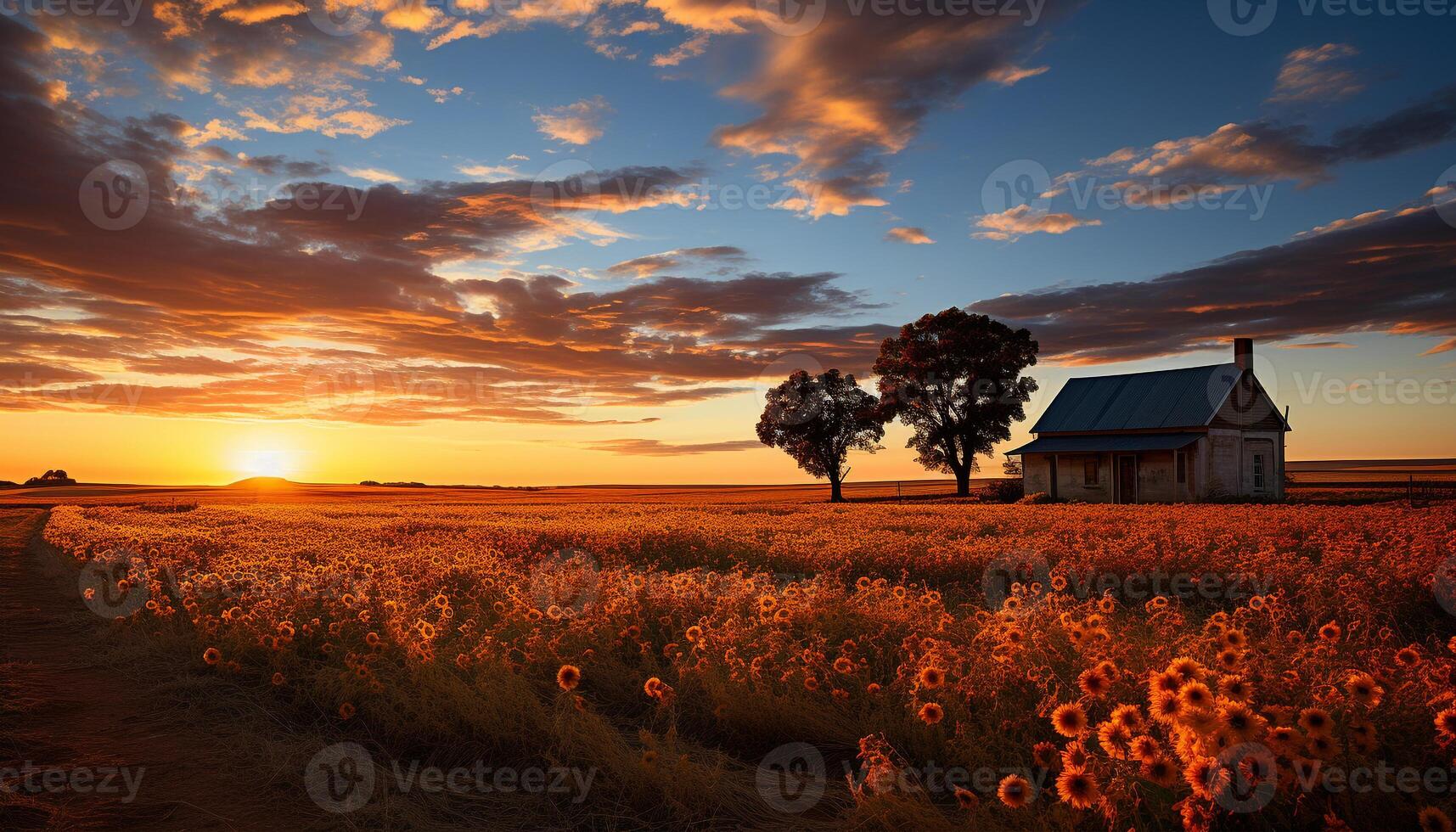 AI generated Vibrant sunset paints tranquil meadow in orange generated by AI photo