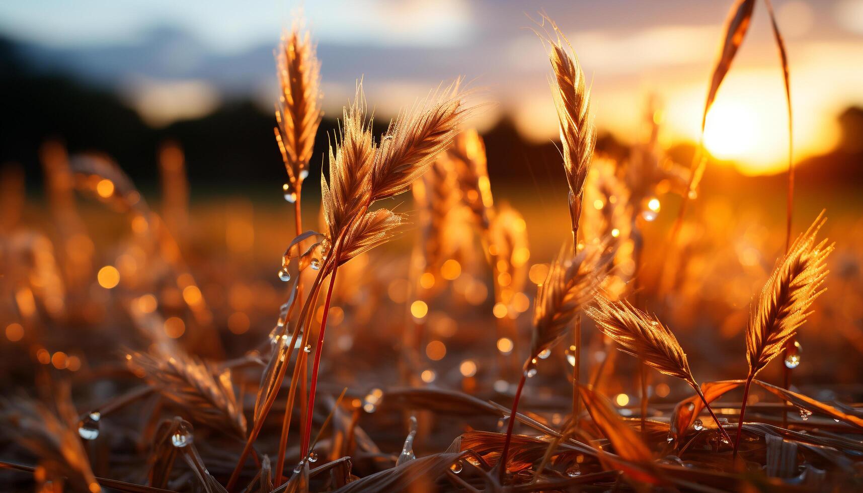 AI generated Sunset over a meadow, golden wheat glowing generated by AI photo