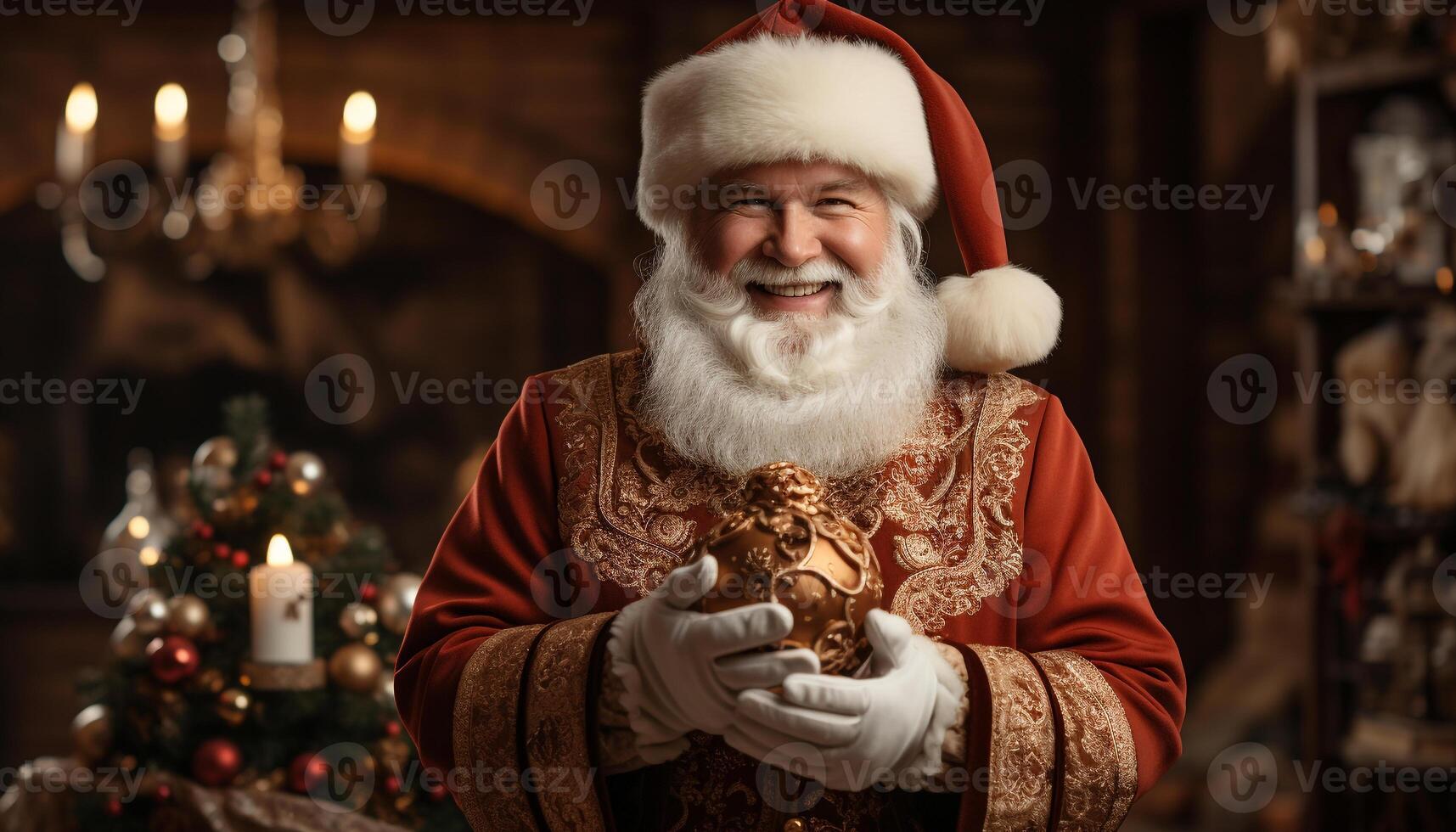 AI generated Smiling senior man holding Christmas gift indoors generated by AI photo