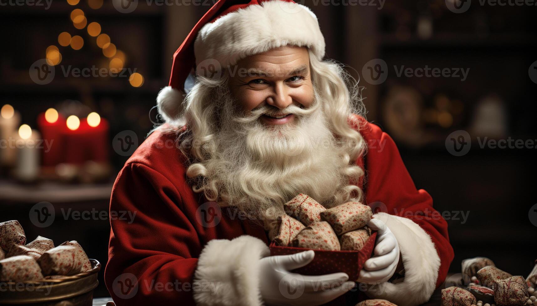 ai generado sonriente hombre participación Navidad presente, mirando a cámara generado por ai foto