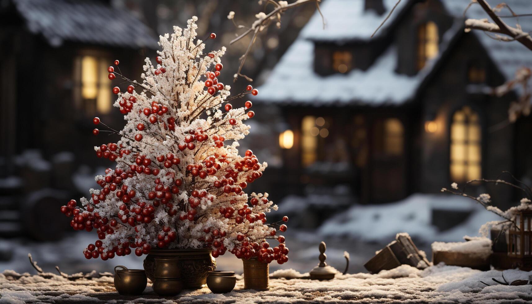 ai generado invierno noche, nieve cubierto árbol, iluminado con decoraciones generado por ai foto