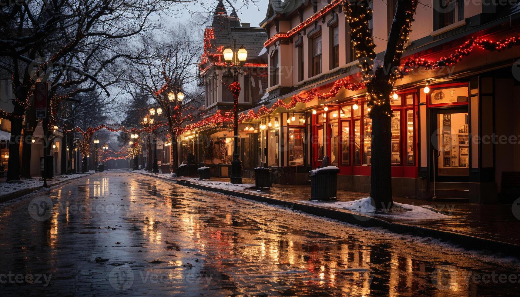 AI generated Illuminated city street at night, reflecting on wet pavement generated by AI photo