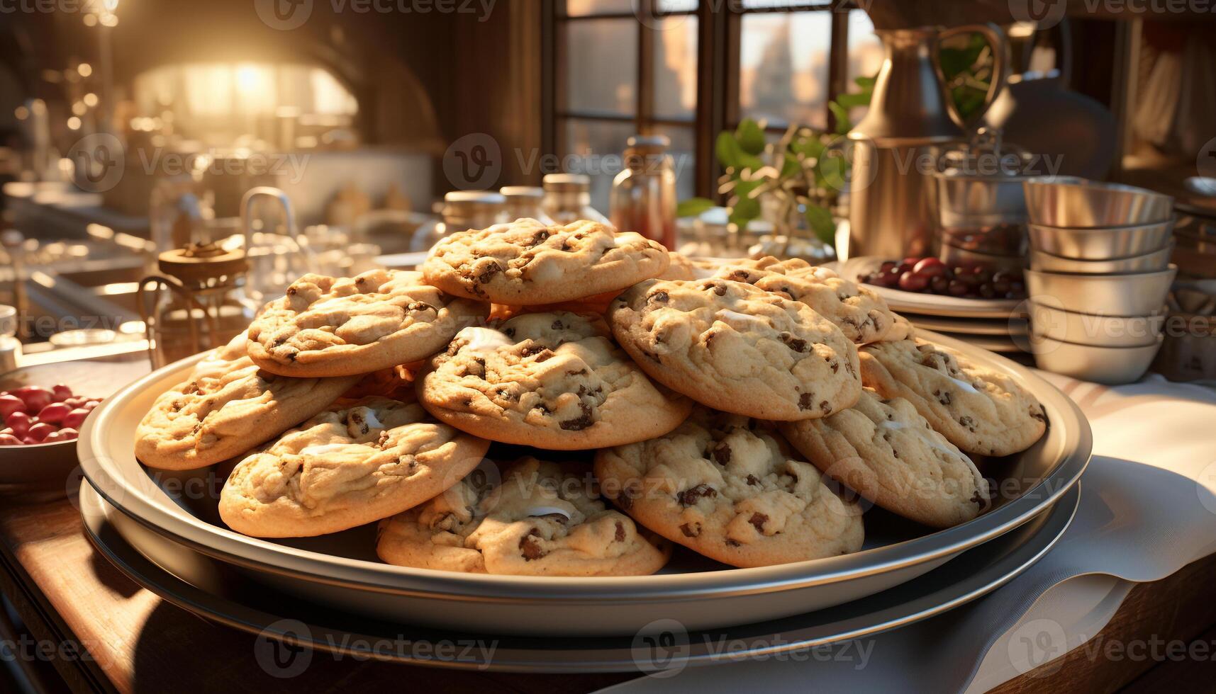 AI generated Homemade chocolate chip cookies on rustic wooden table generated by AI photo