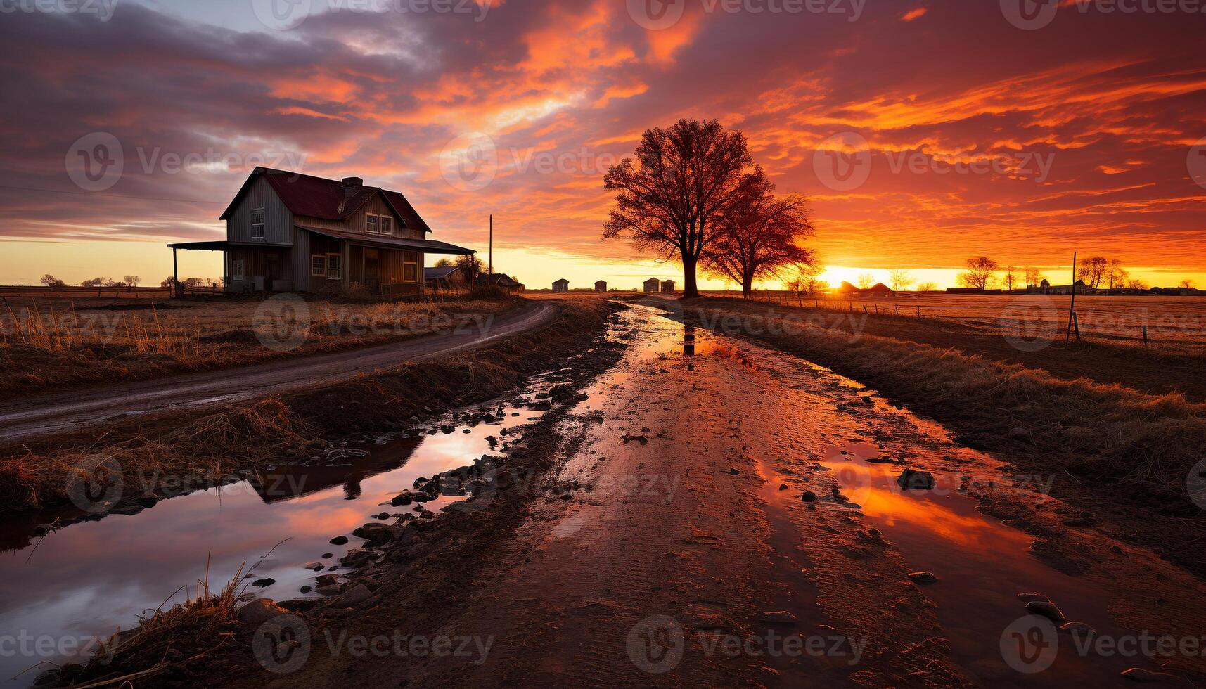 AI generated Sunset over rural landscape, nature beauty in architecture generated by AI photo