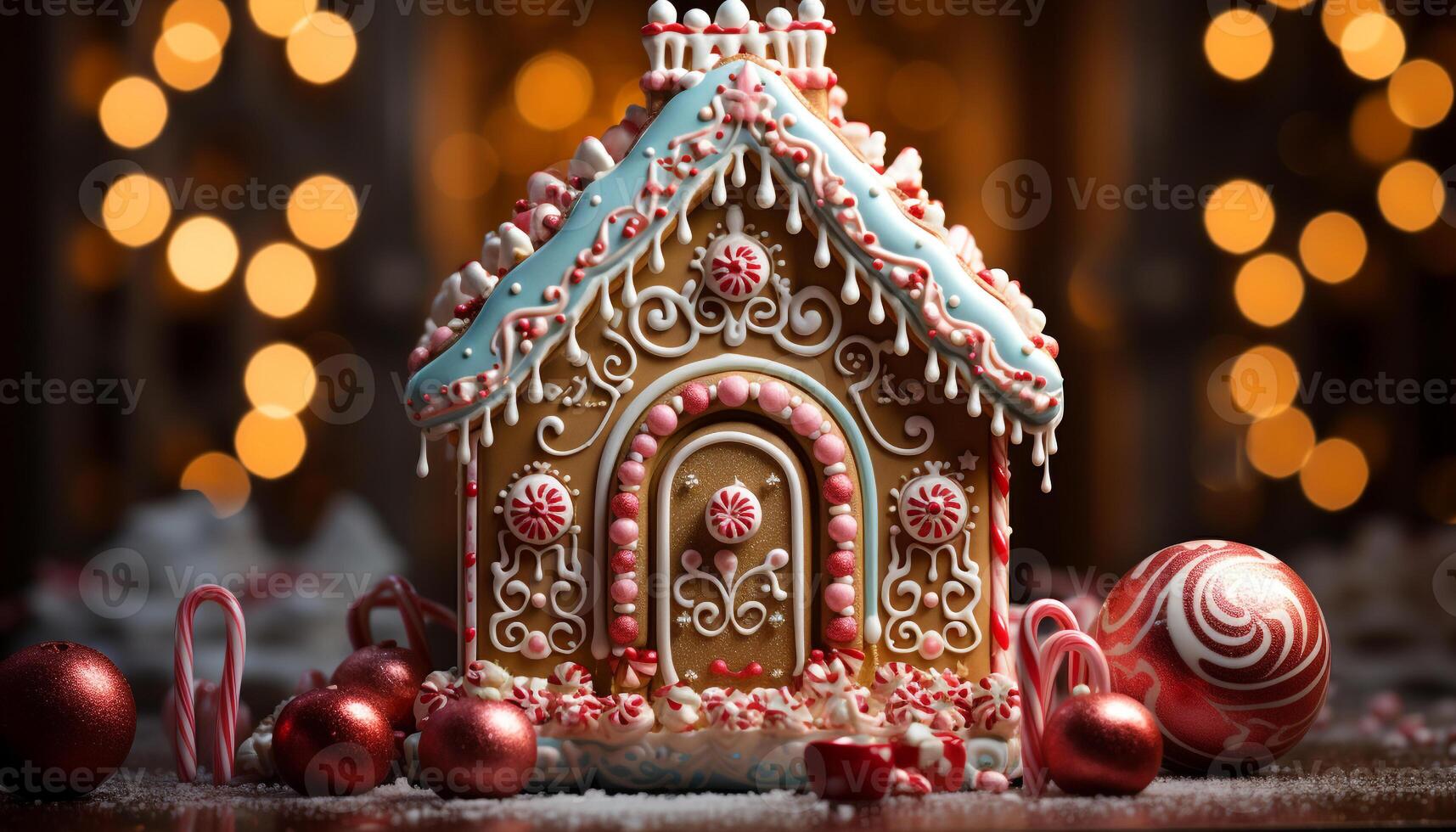 AI generated Gingerbread house decoration, sweet food, Christmas celebration generated by AI photo