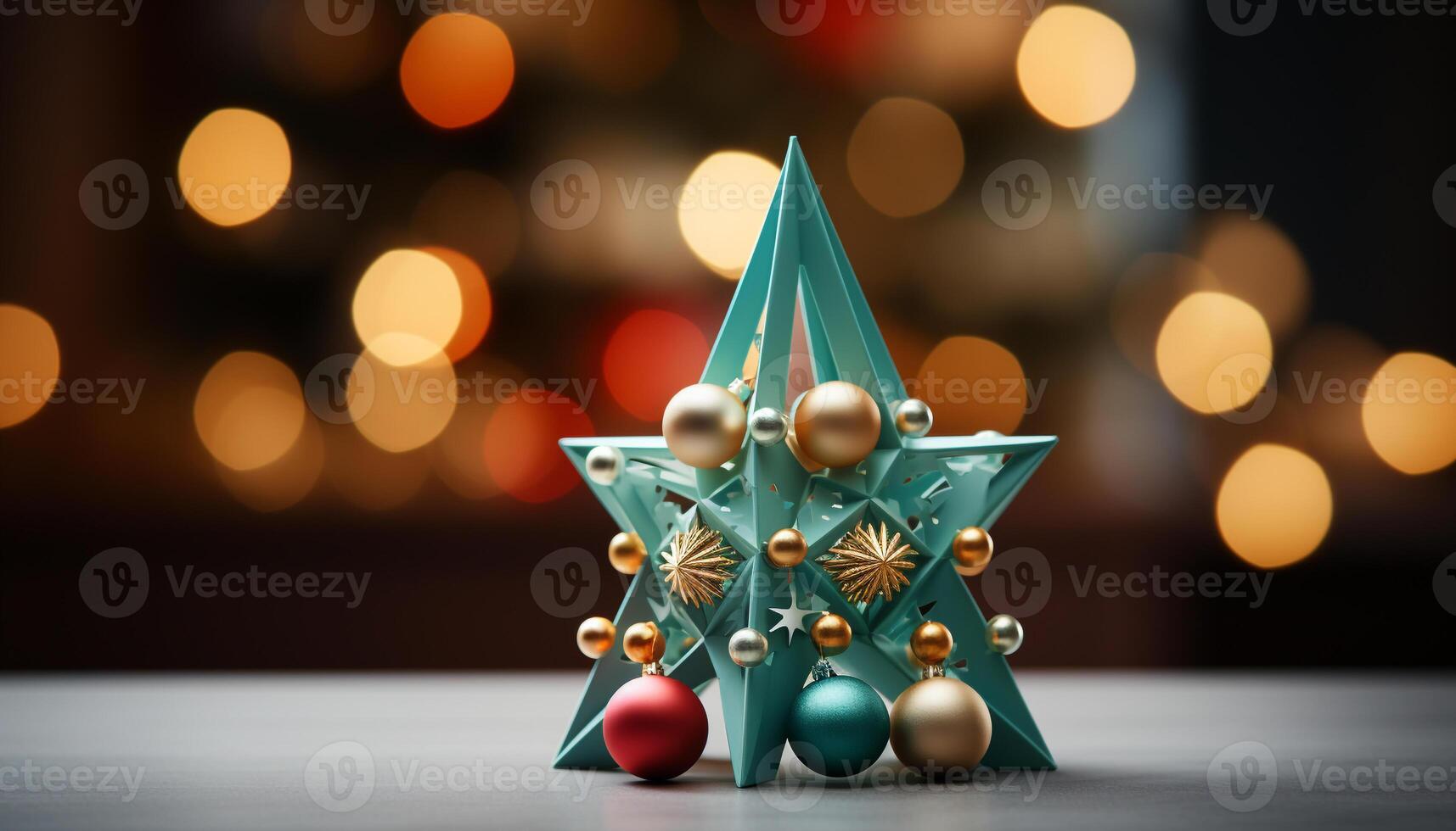 AI generated Glowing Christmas tree ornament shines on dark wood generated by AI photo