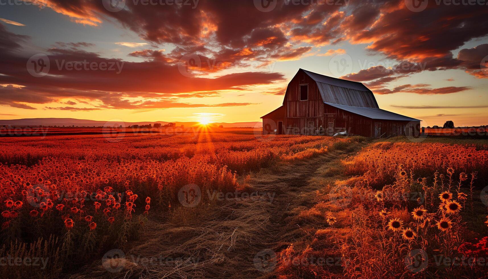 AI generated Tranquil scene of a rustic farm at sunset generated by AI photo