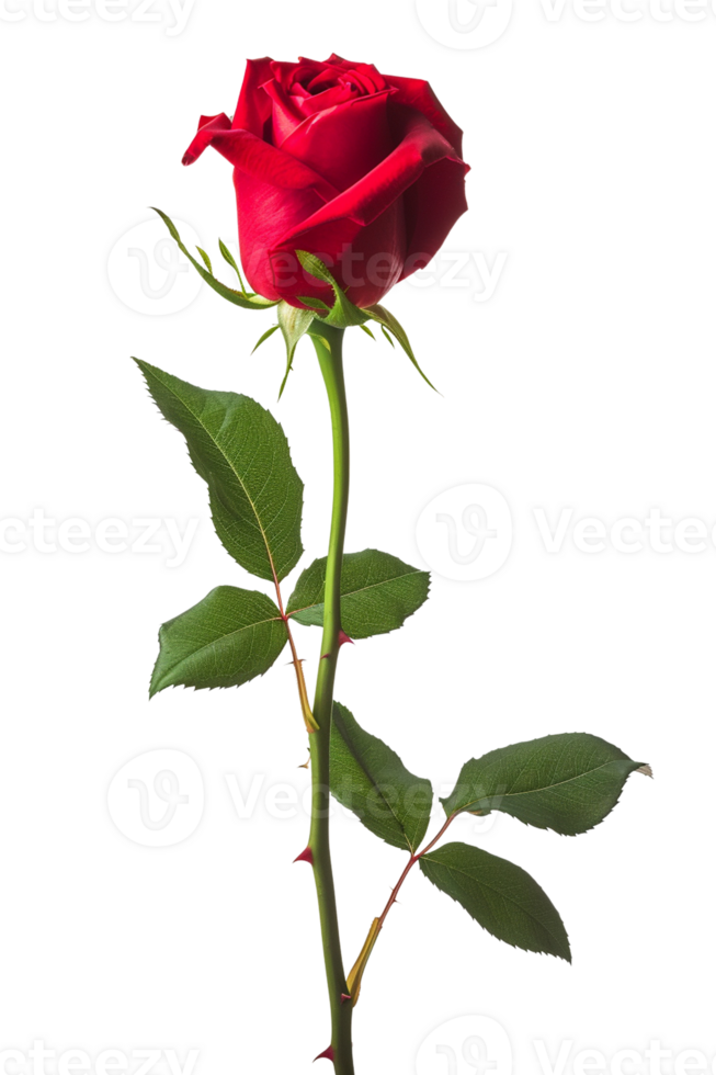AI generated A single red rose with lush green leaves isolated transparent background, png