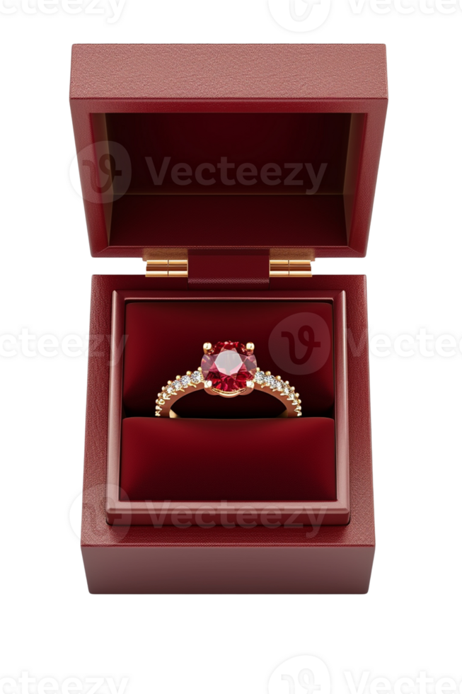 AI generated A ruby ring surrounded by diamonds displayed in a red jewelry box isolated on transparent background, png