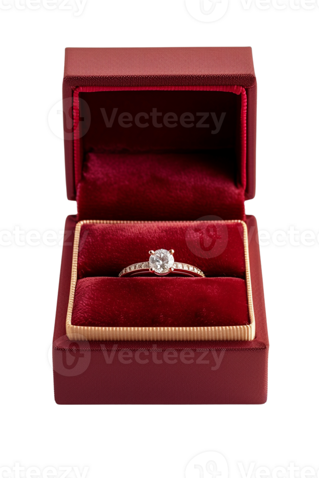 AI generated A diamond ring displayed in a red velvet box isolated on transparent background, png