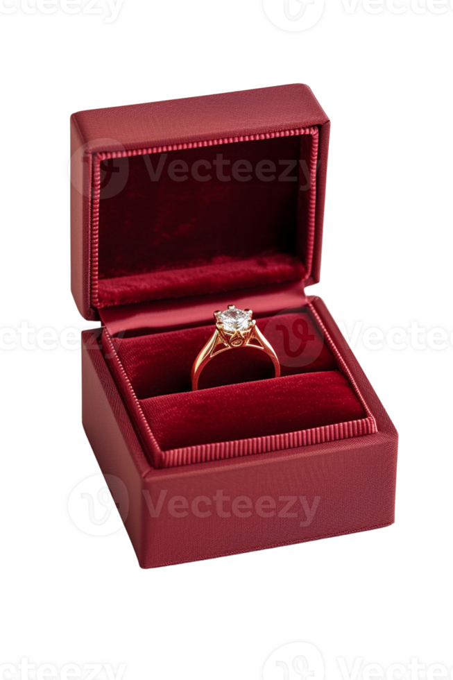 ai generiert ein elegant Diamant Ring vorgestellt im ein klassisch rot Samt Box isoliert auf transparent Hintergrund, png