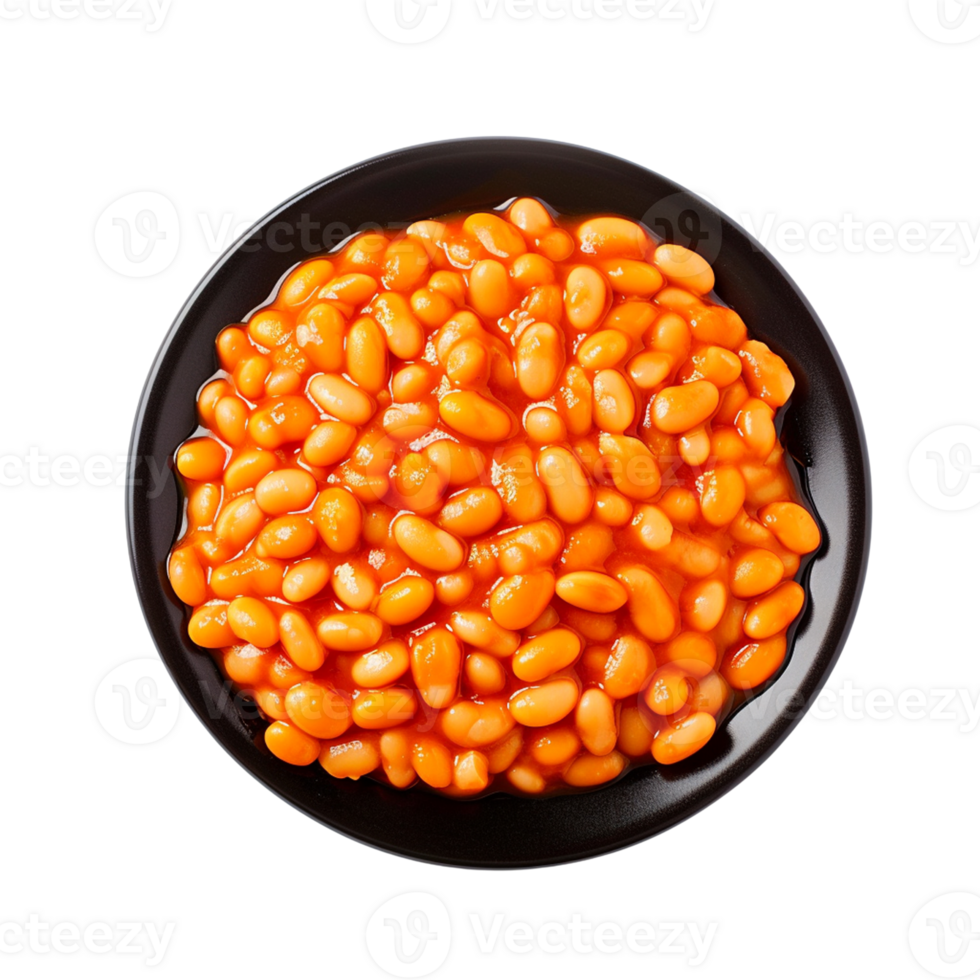 AI generated Black plate of baked beans in tomato sauce isolated on transparent background, png