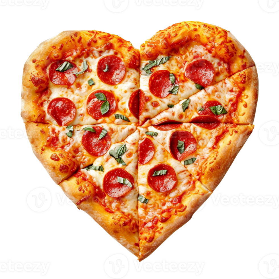 AI generated A heart-shaped pizza with pepperoni and fresh basil leaves isolated on transparent background, png