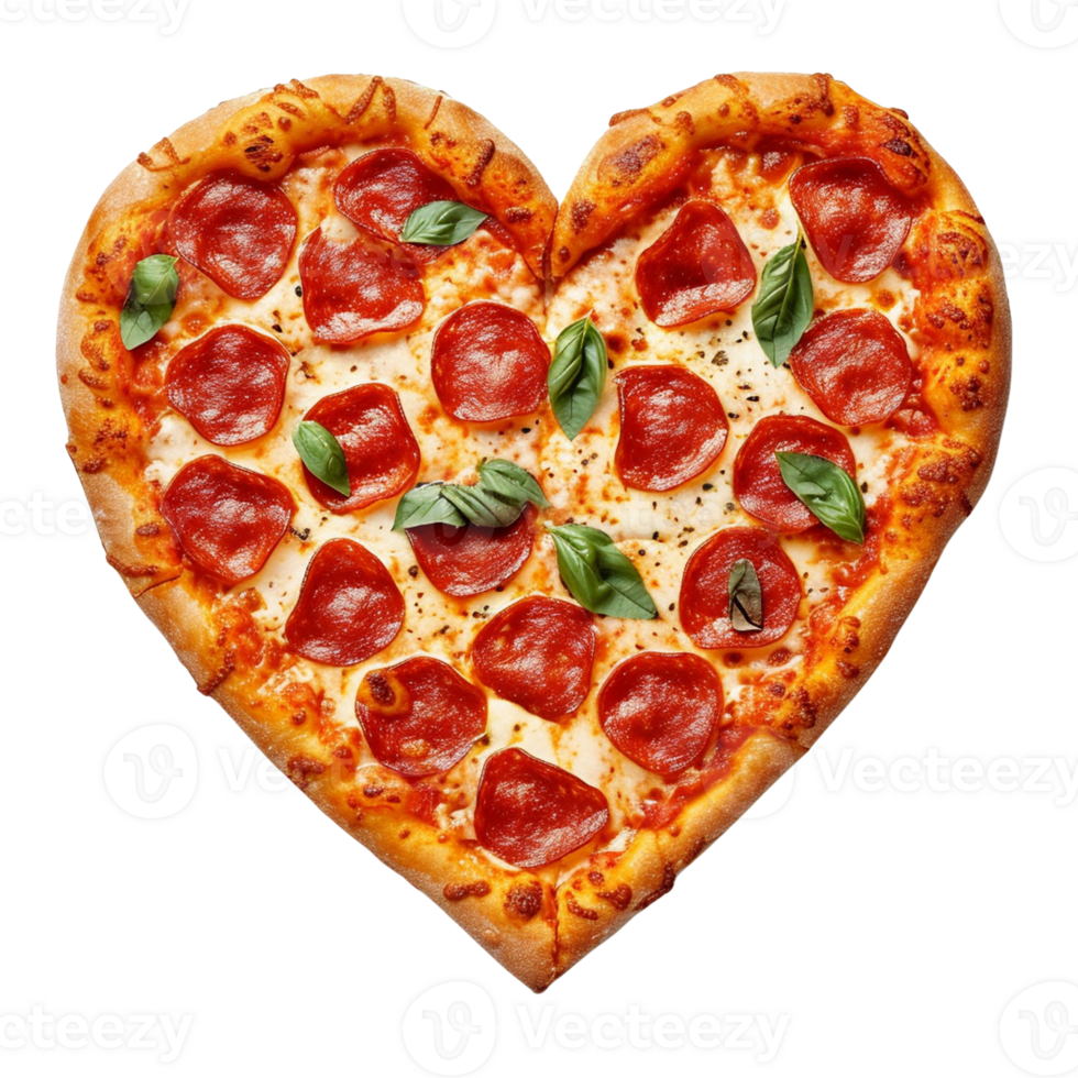 AI generated Pizza in the shape of a heart topped with pepperoni and basil leaves isolated on transparent background, png