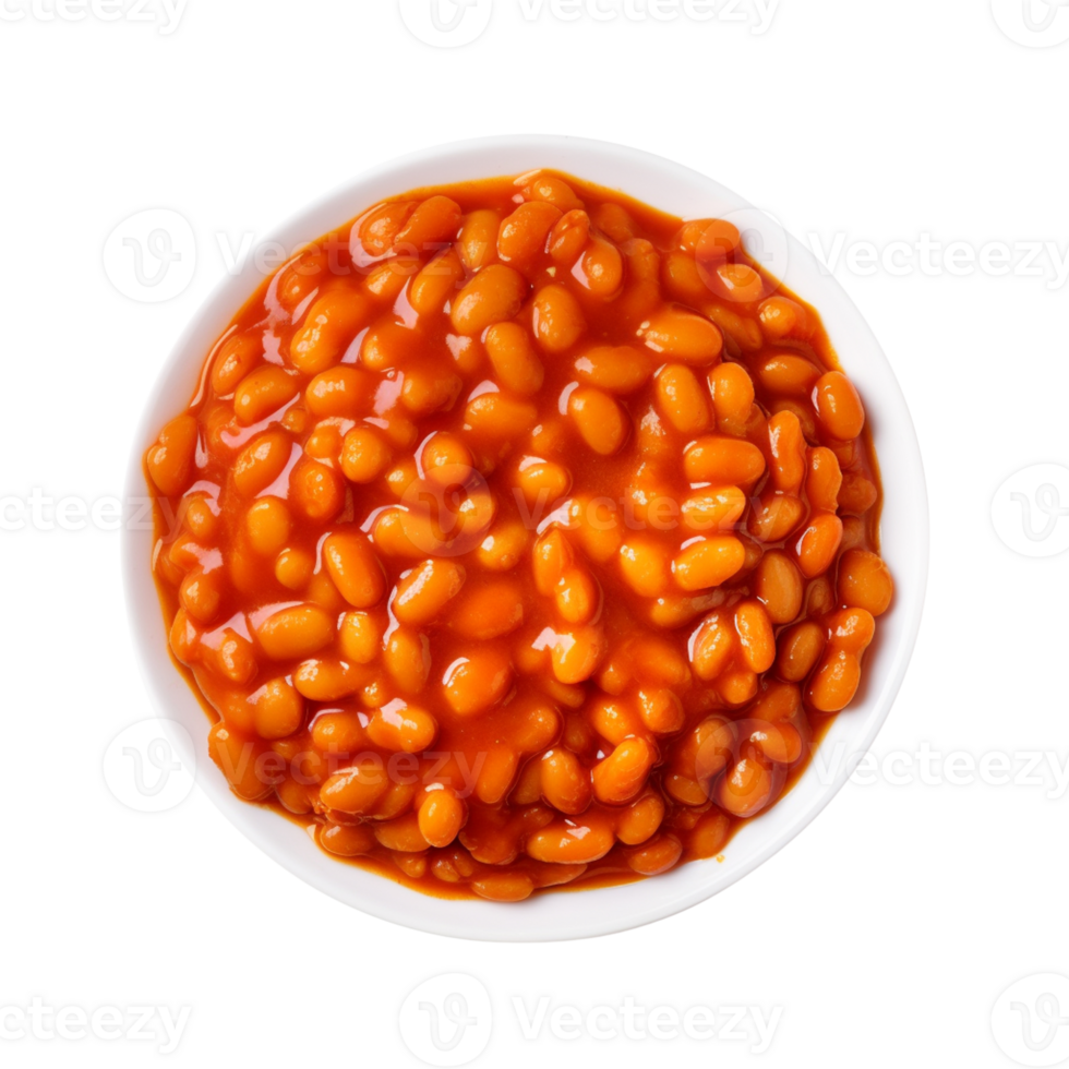AI generated White plate of baked beans in tomato sauce isolated on transparent background, png