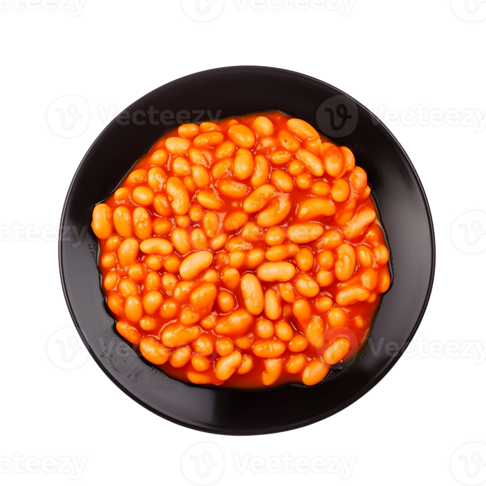 AI generated Black plate of baked beans in tomato sauce isolated on transparent background, png