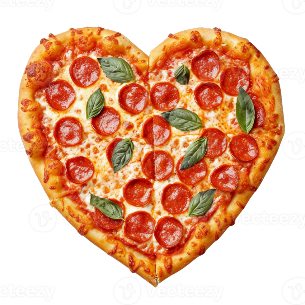 AI generated A heart-shaped cheese pizza with pepperoni slices and fresh basil leaves isolated on transparent background, png