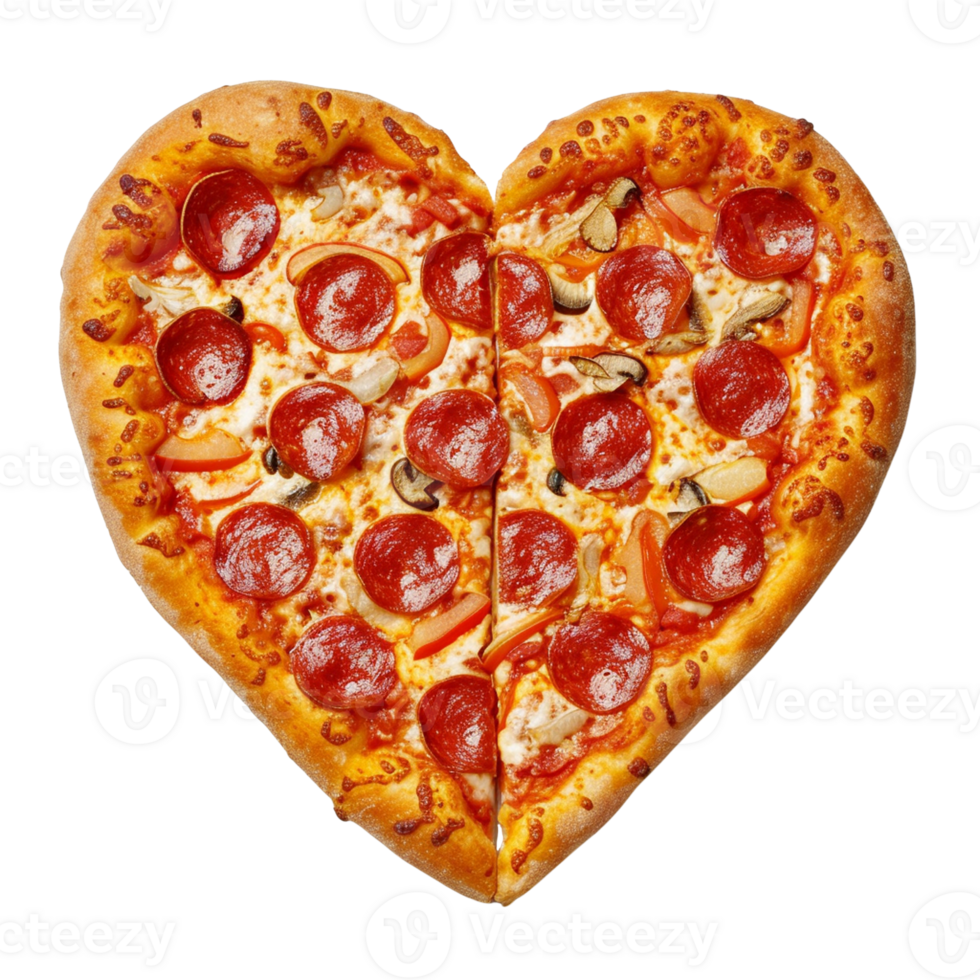 AI generated A heart-shaped pizza with toppings of pepperoni, mushrooms, and sliced bell peppers isolated on transparent background, png