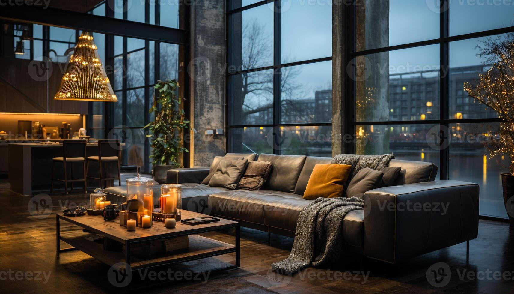 AI generated Modern living room with comfortable sofa and illuminated lamp generated by AI photo