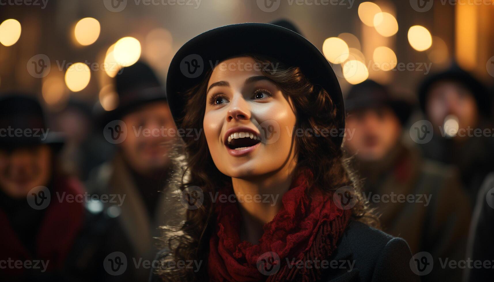 ai generado sonriente joven mujer disfrutando invierno celebracion al aire libre generado por ai foto