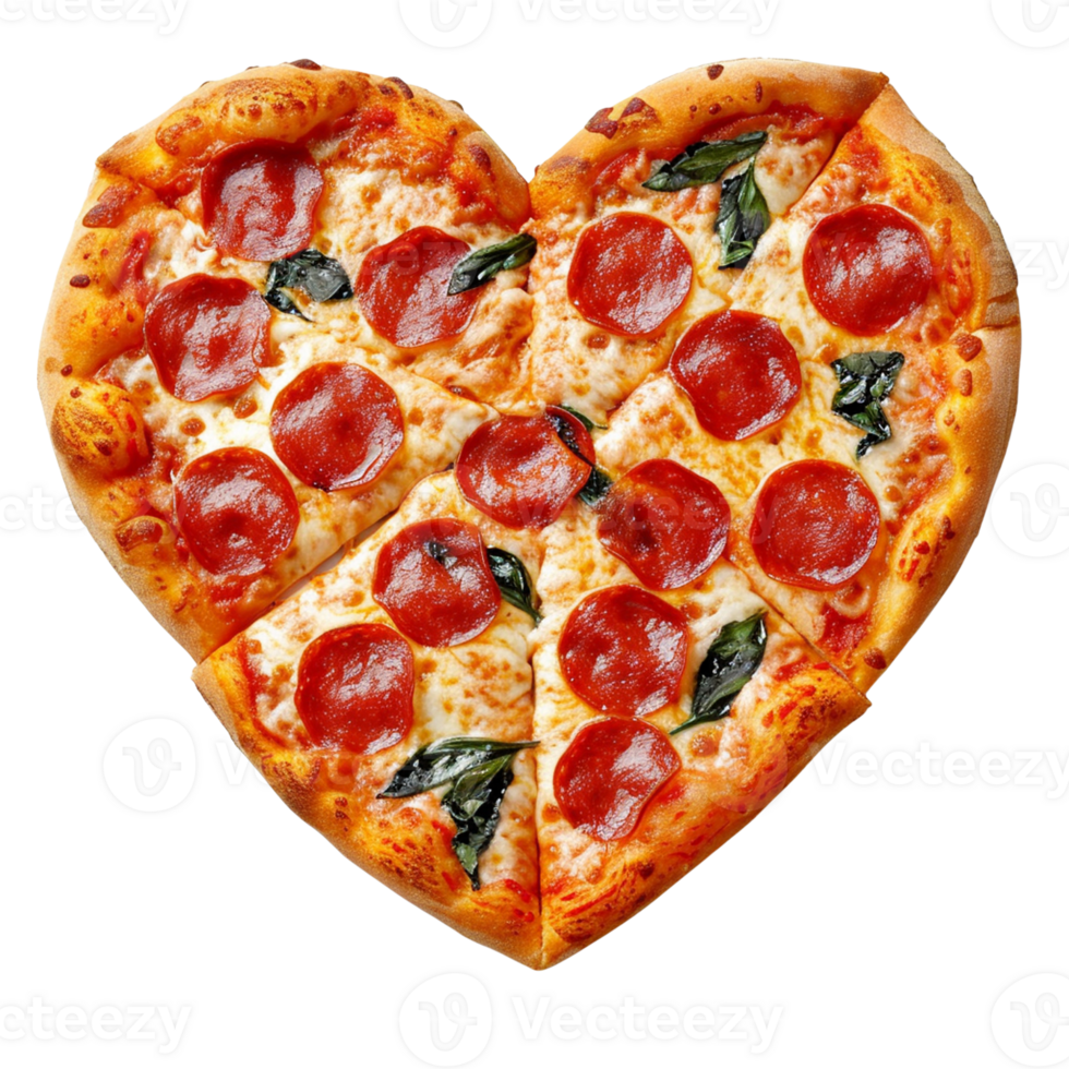 AI generated A heart-shaped pizza with pepperoni and wilted basil leaves isolated on transparent background, png