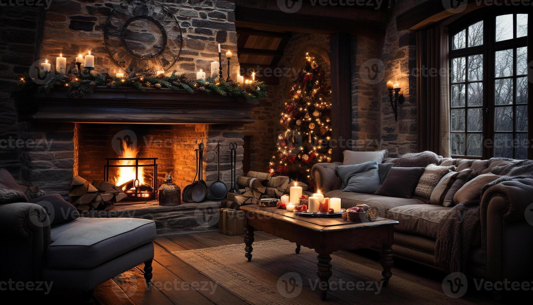 AI generated Cozy living room with illuminated Christmas tree generated by AI photo