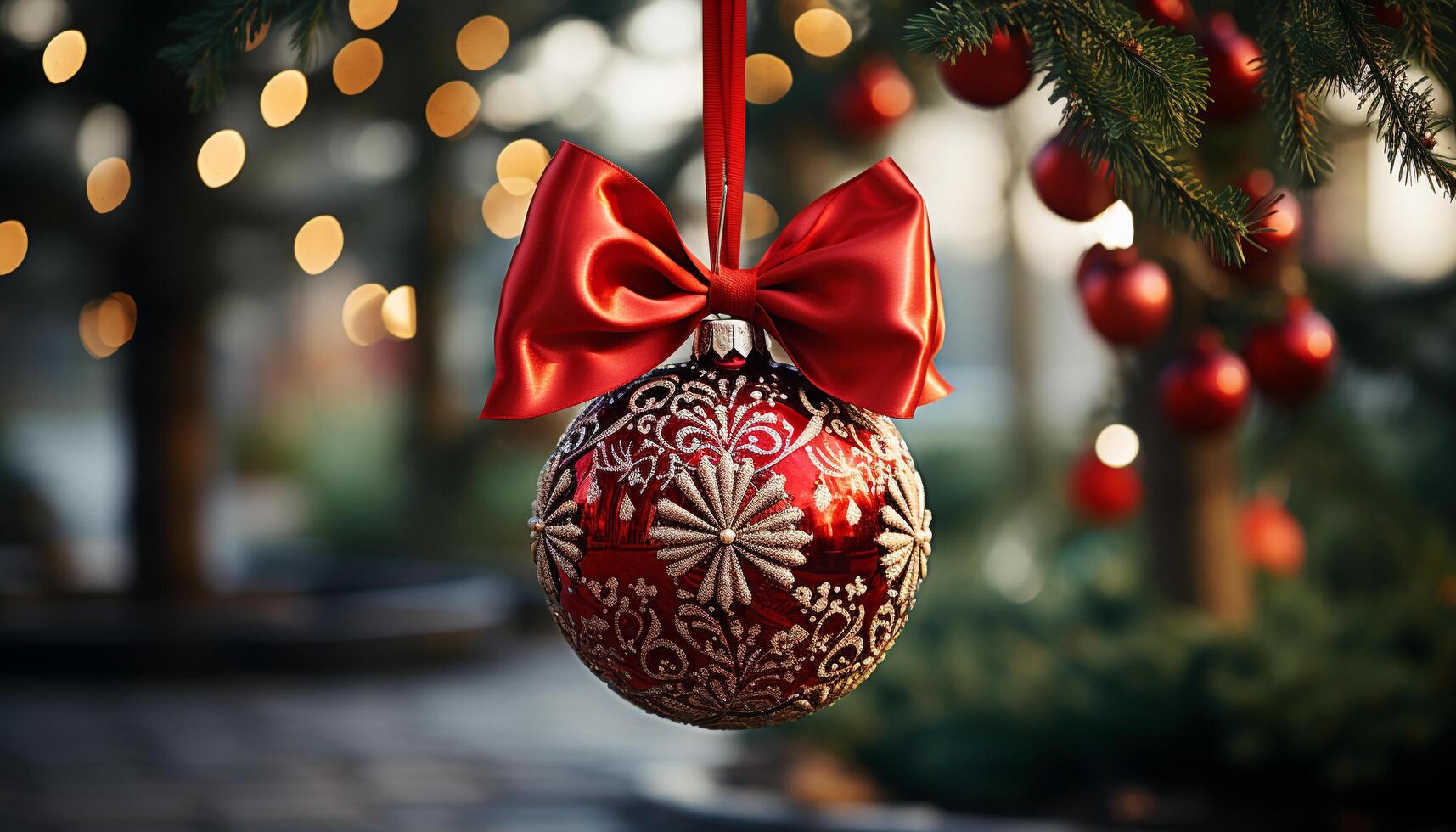 AI generated Shiny Christmas ornament hanging on a glowing tree generated by AI photo