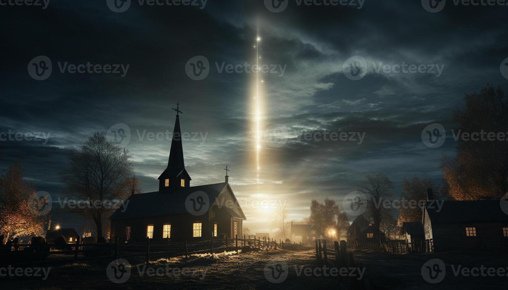 AI generated Nightfall reveals a spooky chapel, illuminated by moonlight generated by AI photo