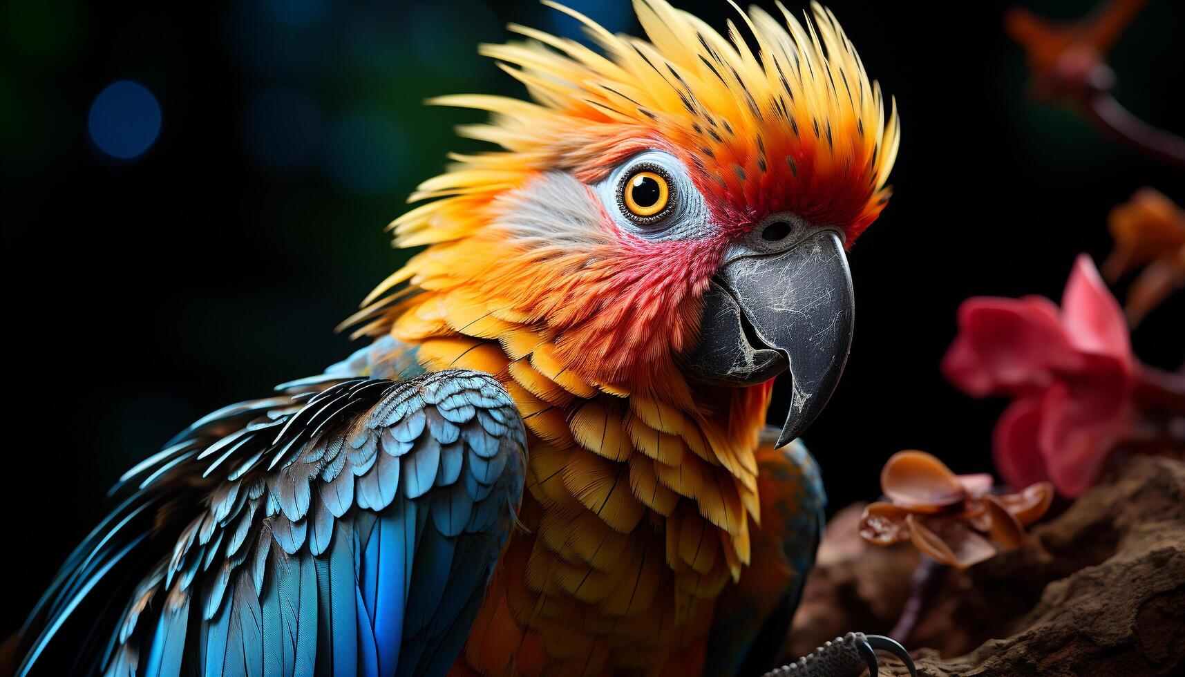 AI generated Vibrant colored macaw perched on tropical rainforest branch generated by AI photo