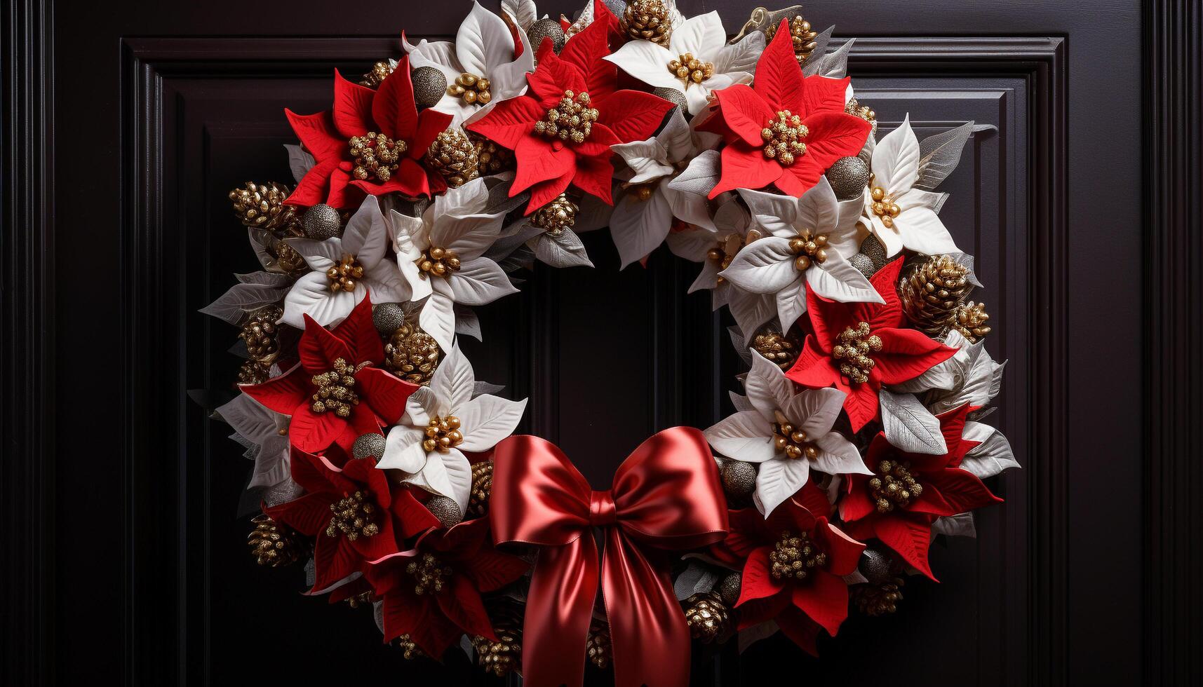 AI generated Christmas wreath hanging on a wooden door generated by AI photo