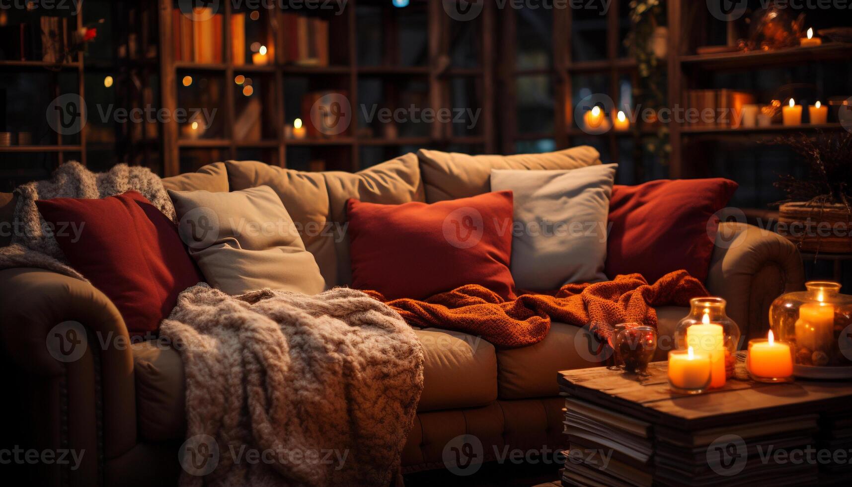 AI generated Cozy living room with soft sofa and candlelight generated by AI photo